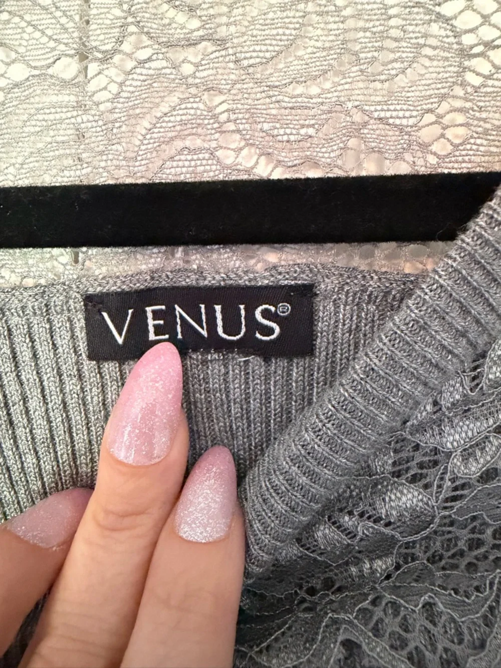 VENUS Gray Long Sleeve Lace Inset Ribbed Top - Picture 3 of 3